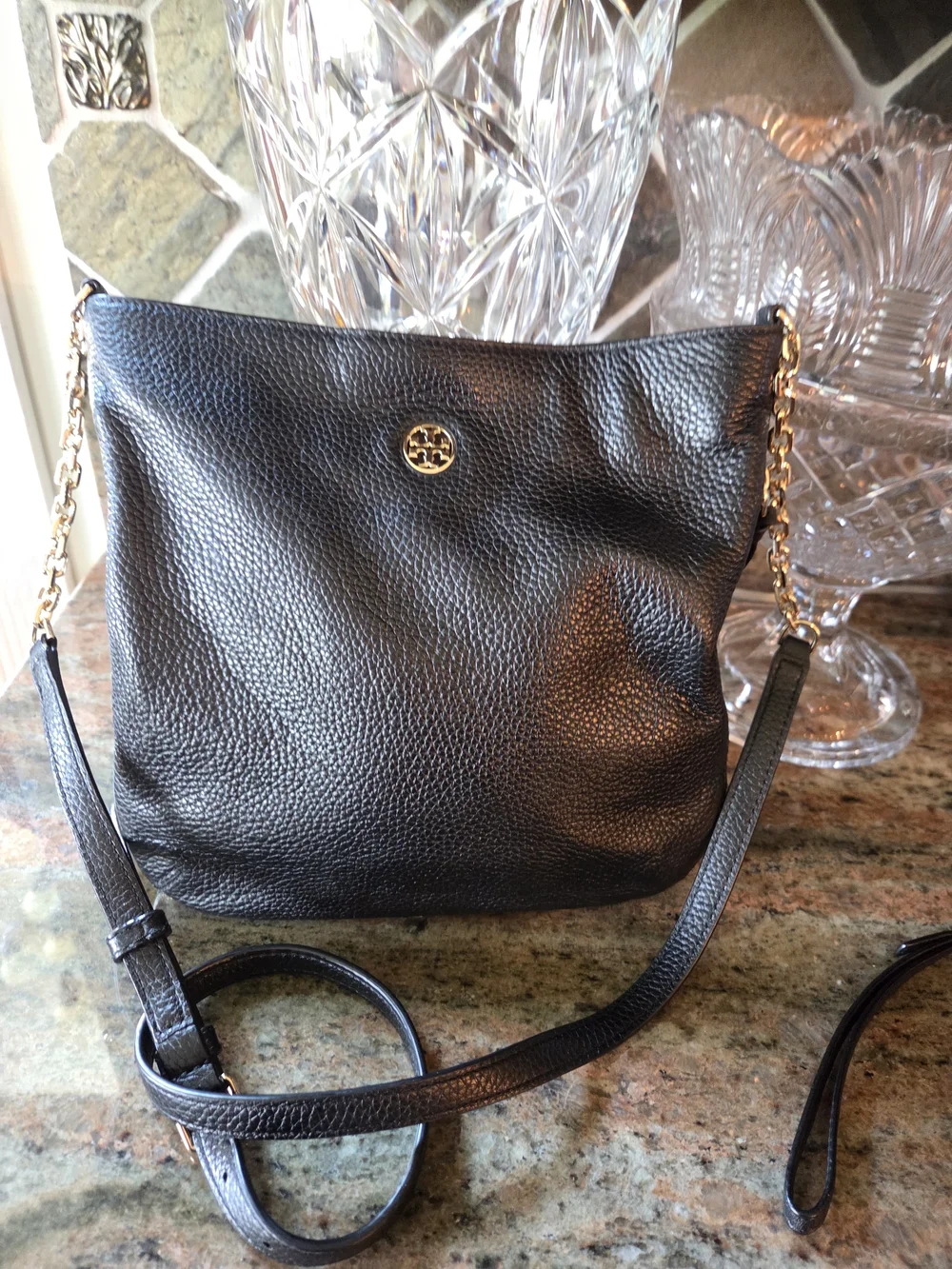 Tory Burch Black Pebbled Leather Crossbody with Matching Wristlet